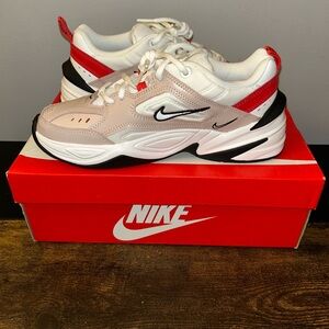 Nike Women's M2K Tekno Running Trainers: White & Tan w Red & Black accents